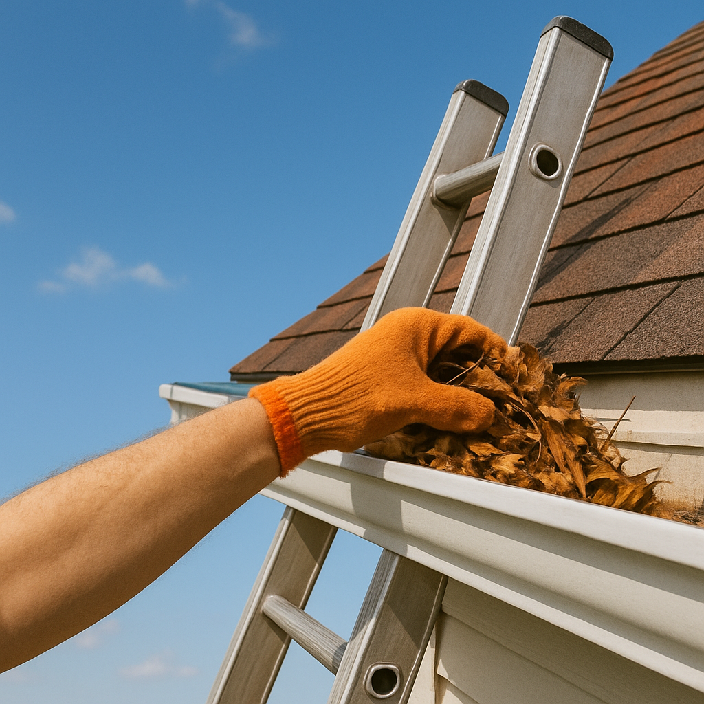 Gloved hand removing leaves while cleaning a home gutter