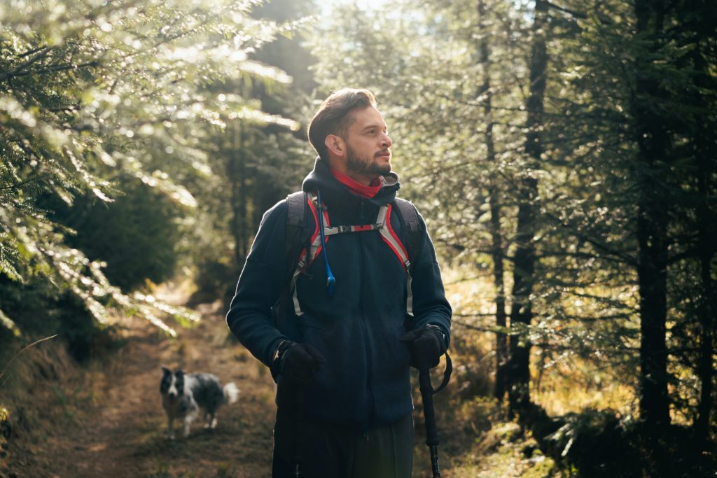 Person hiking on a forest trail