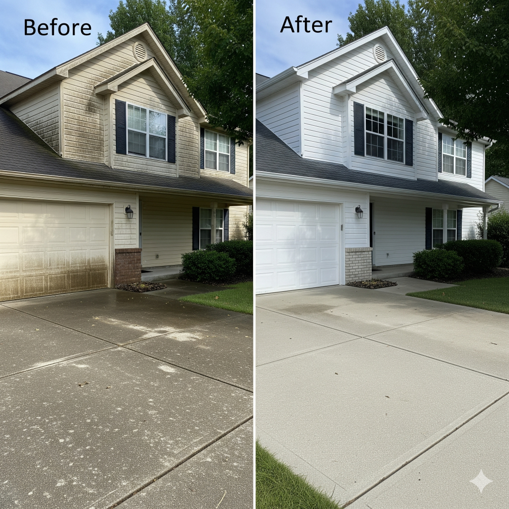 Home driveway and garage before and after pressure washing