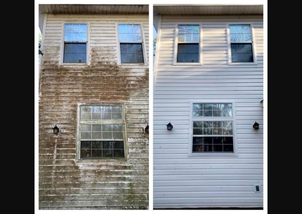 Amelia Island home exterior before and after pressure washing, removing dirt and algae