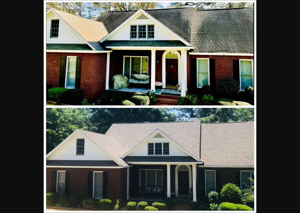 Before and after roof cleaning showing black streak and algae removal in Fernandina Beach, FL